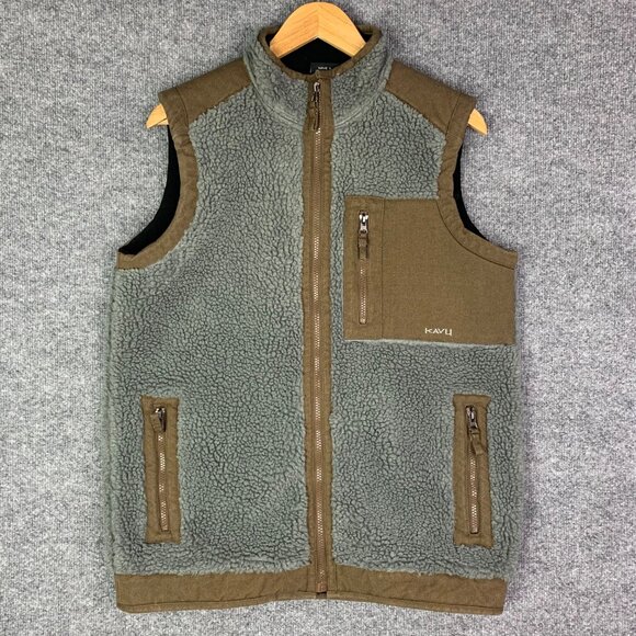 Kavu Vest Mens Sz Medium Gray Brown Deep Pile‎ Fleevce Canvas Zip Up Jacket - Picture 1 of 9